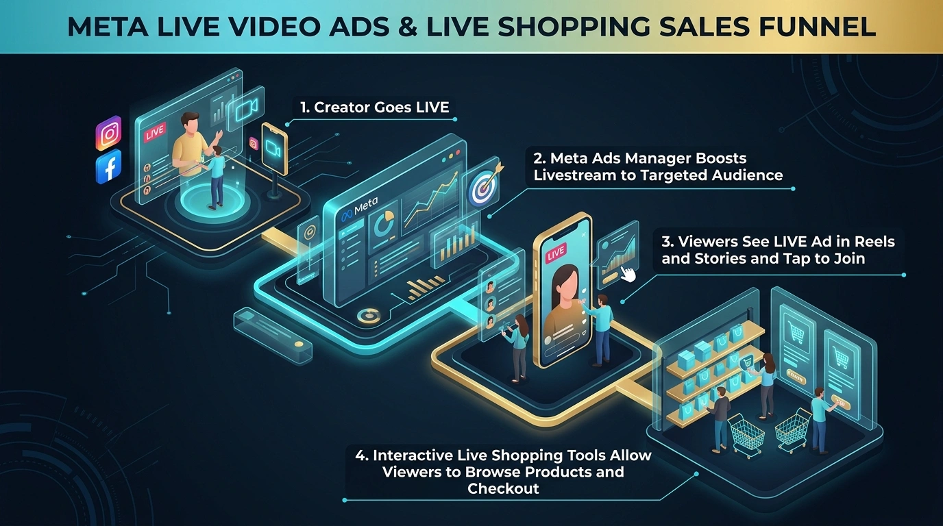 Meta Live Video Ads and Live Shopping Sales Funnel Workflow